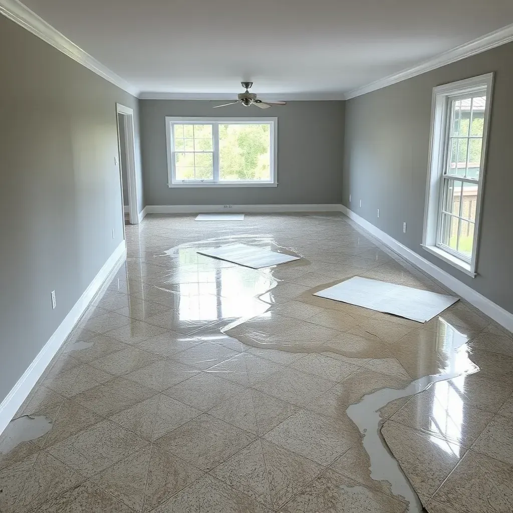 Water damage in a Fuquay-Varina home with warped floors, peeling paint, moisture meters, dehumidifiers, and restoration tools.