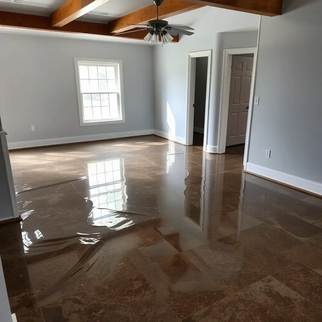 Water damage restoration scene in Bunn, NC: wet drywall, plastic sheeting, fans, dehumidifiers, and moisture meters.