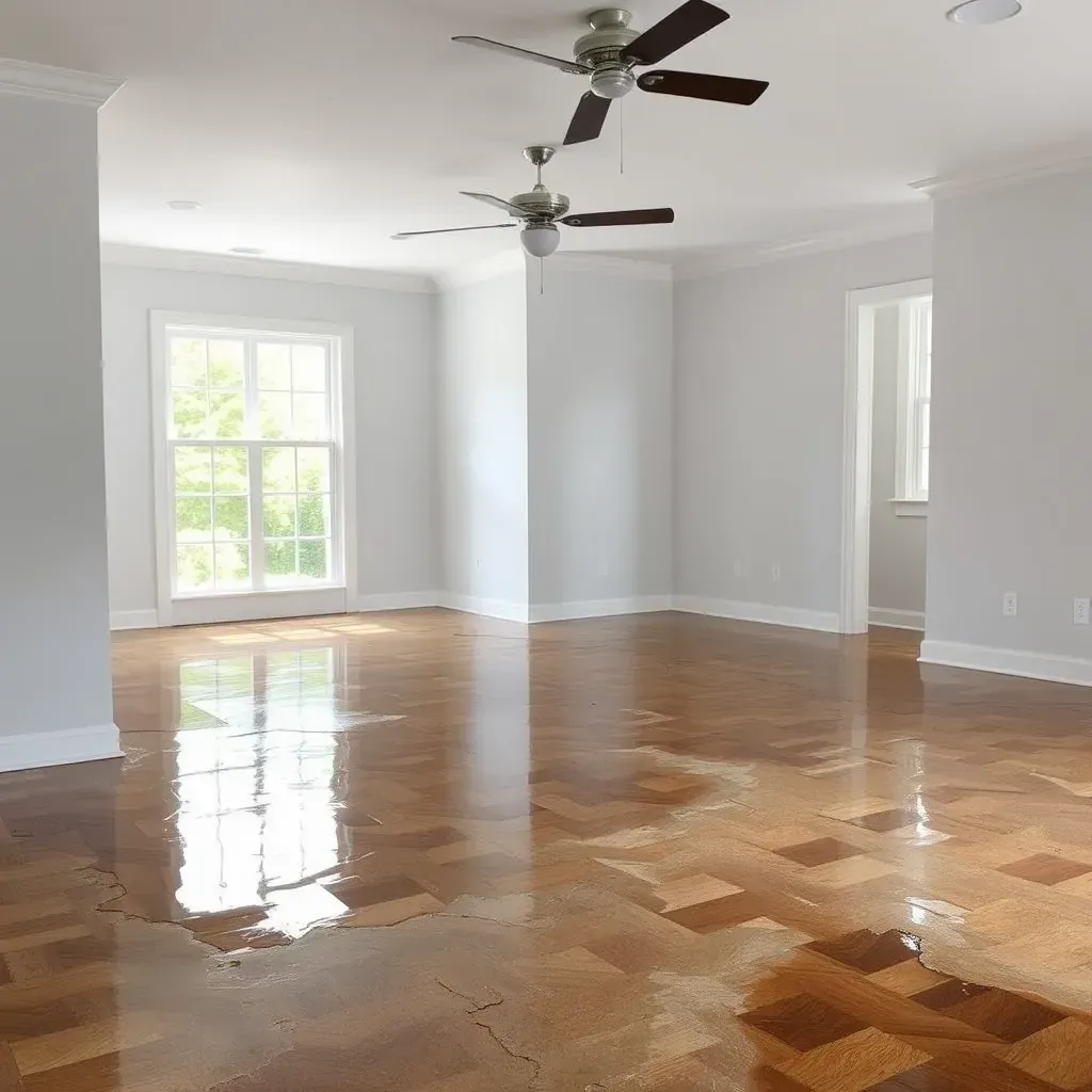 Water damage repair scene in Zebulon, NC, with lifted flooring, mold growth, and professional dehumidifiers in a home.