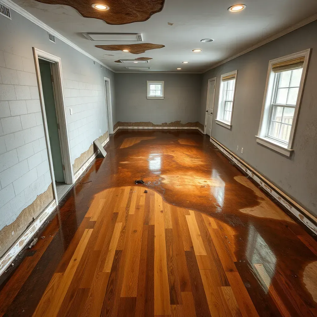 Interior water damage restoration scene in Erwin, NC with wet floors, torn drywall, dehumidifiers, fans, and water extraction tools.