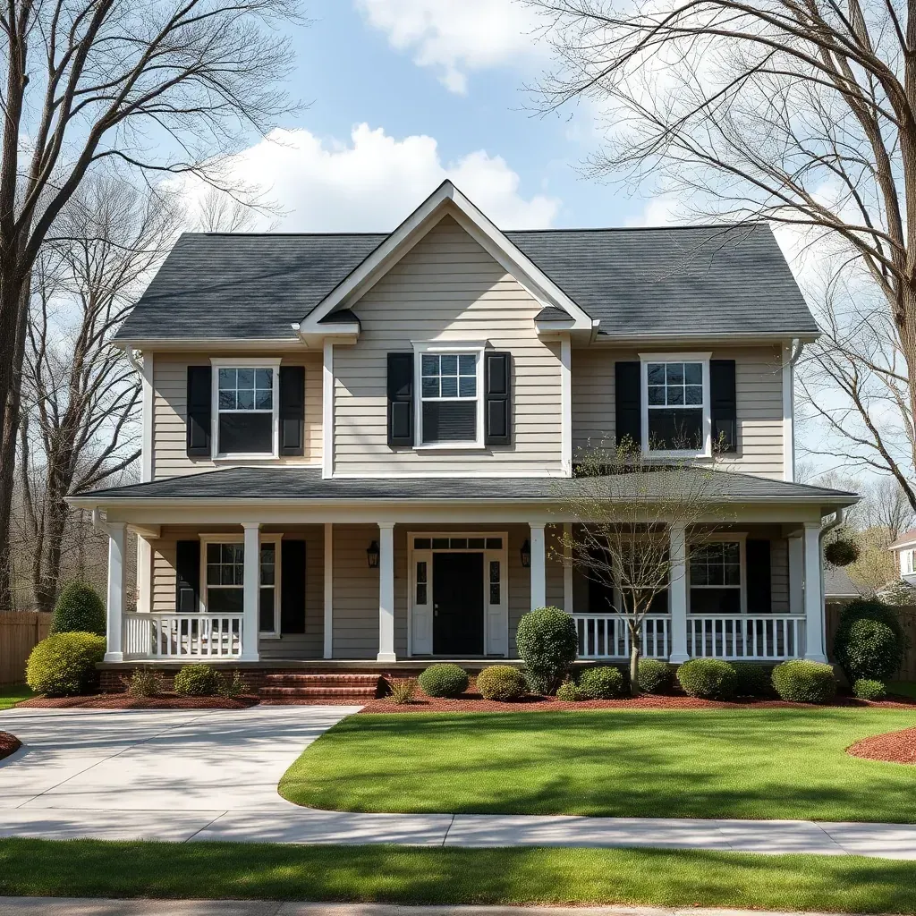 Restored Lillington, NC home with fresh siding, modern windows, lush landscaping, and inviting porch in natural daylight.