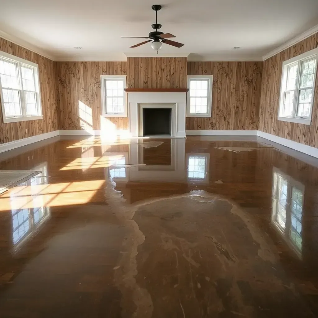 Water damage restoration scene in Bunn, NC showing repair workers and water-damaged walls and floors.