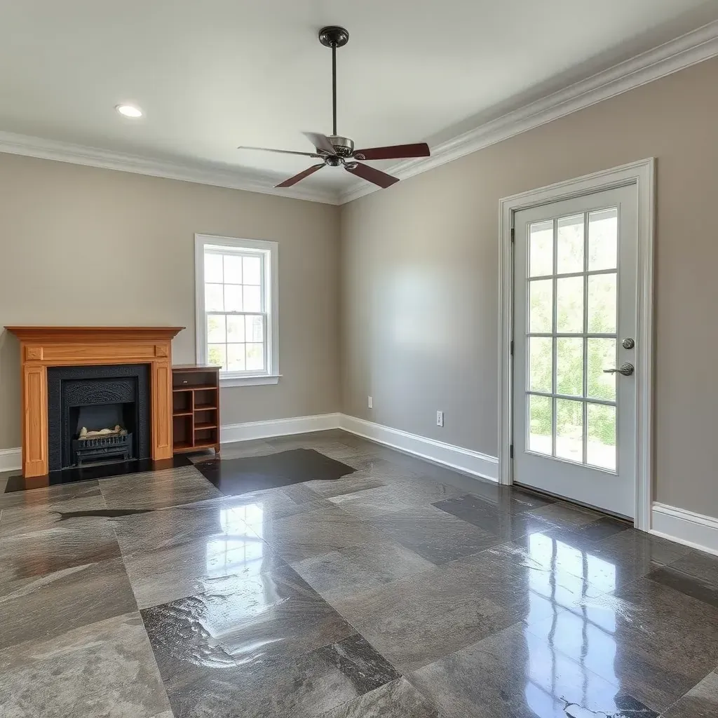 Water damage restoration in Oxford, NC: damaged drywall, wet furniture, and drying equipment in a residential interior.