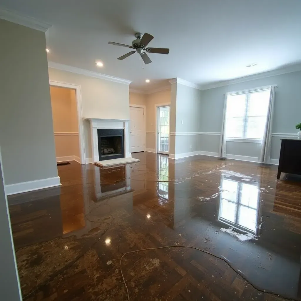 Water damage restoration in Smithfield, NC; drying equipment, wet floors, and damaged drywall in a home's interior.