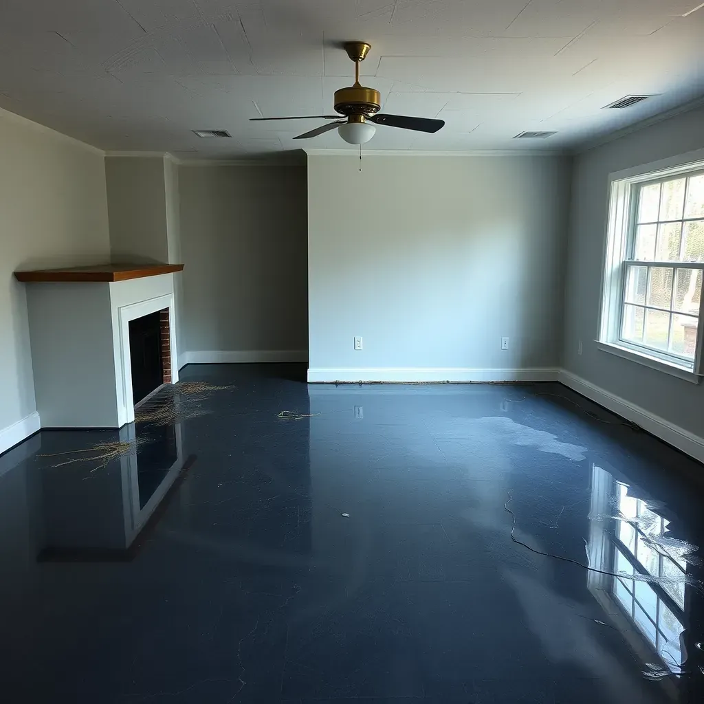 Water damage in a home living room with warped floors, peeling paint, wet furniture, dehumidifiers, moisture meters, and restoration tools.