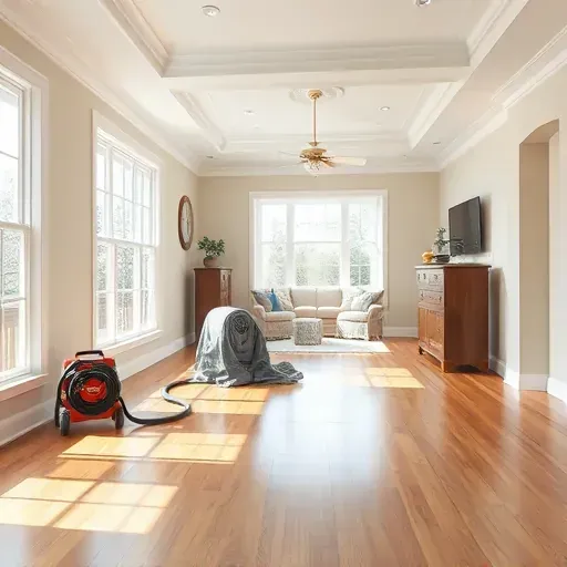 Restored Four Oaks NC home interior with hardwood floors, neutral walls, repaired ceilings, and water restoration equipment.