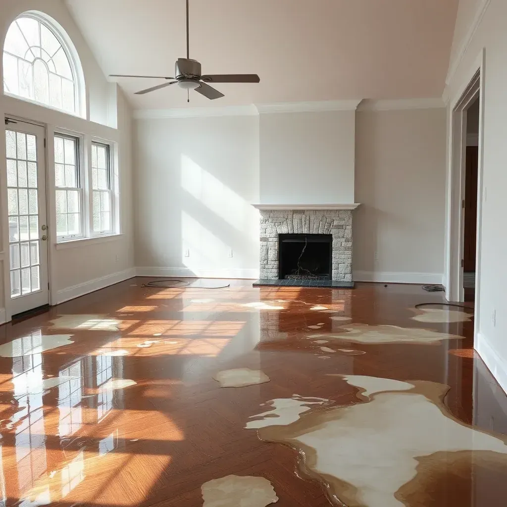Water damage in Smithfield, NC home shows warped floors, water-stained walls, drying equipment, and protected furniture.