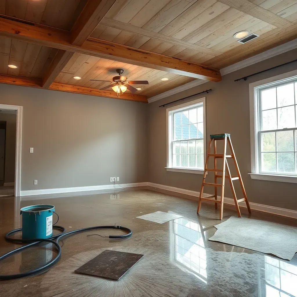 Water damage restoration scene in Oxford, NC showing wet floors, peeling drywall, dehumidifiers, and containment efforts in a home.