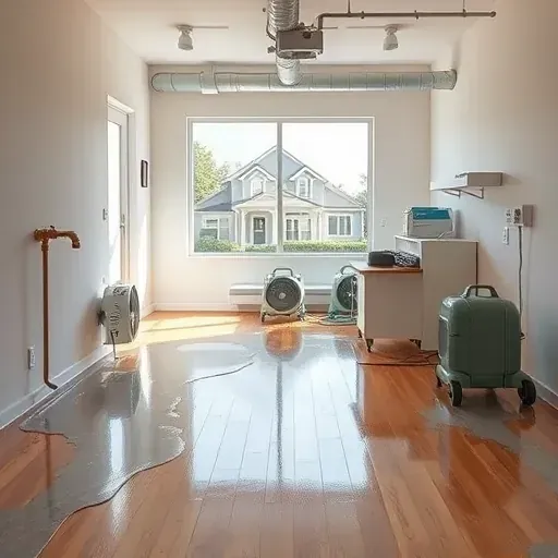 Water damage restoration scene in Morrisville, NC: repaired interiors, polished floors, drywall, plumbing, tools, natural light.