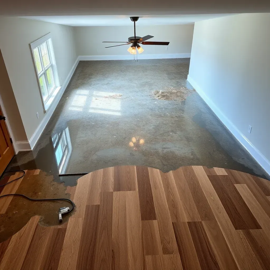 Water damage restoration scene in Wake Forest, NC showing dehumidifiers, fans, damaged drywall, and water-stained flooring.