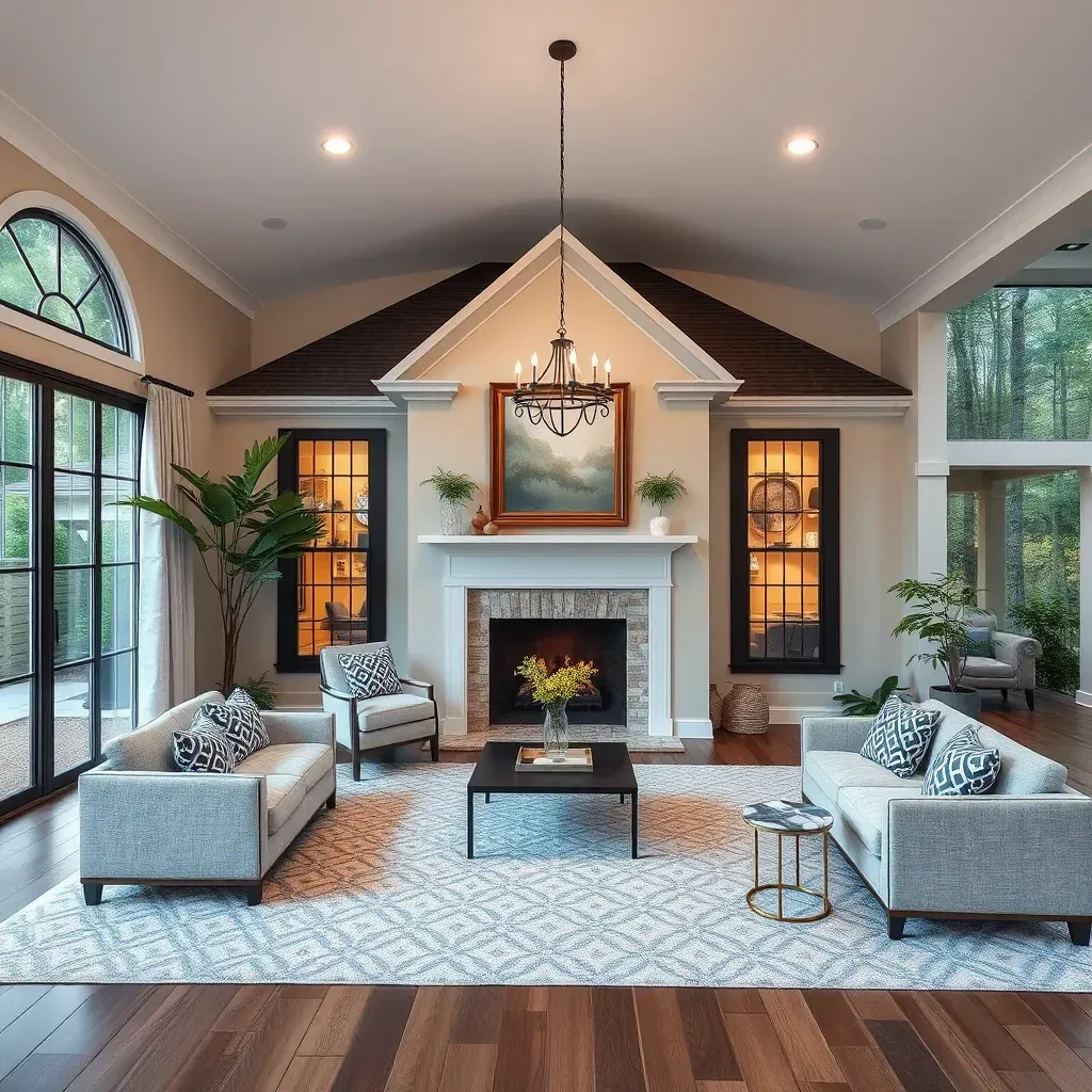 Enhanced home exterior in Holly Springs, NC with modern traditional design, lush landscaping, new front door, and stylish details.