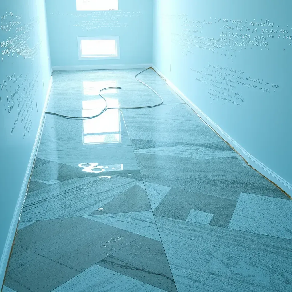 Water damage restoration in Franklinton, NC: Wet floors, drying equipment, moisture meters, plastic sheeting, and natural sunlight.