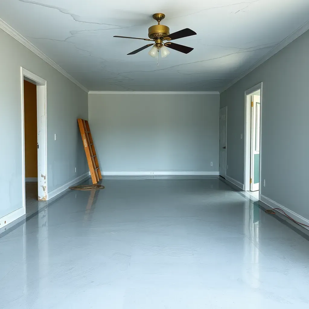Water damage restoration scene in Erwin, NC: soaked floors, mold, drying equipment, and residential neighborhood views.