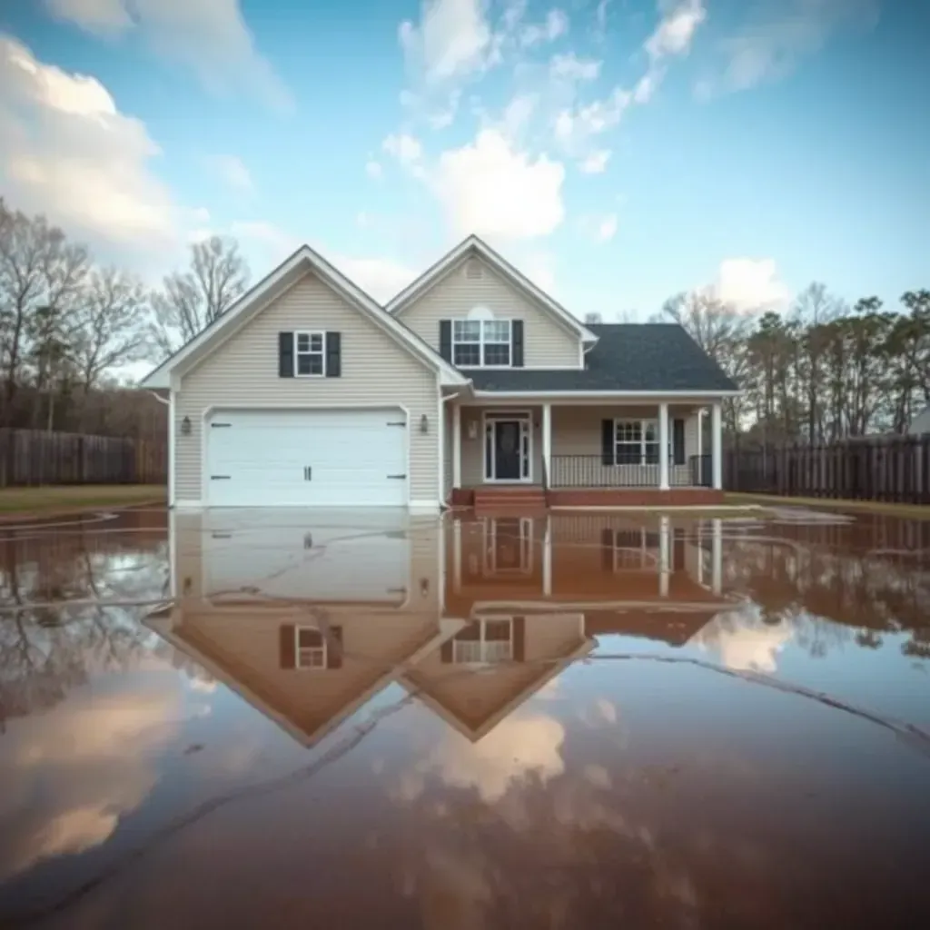 Water damage in Selma, NC: wet drywall, soaked insulation, debris, dehumidifiers, moisture meters, and water stains.