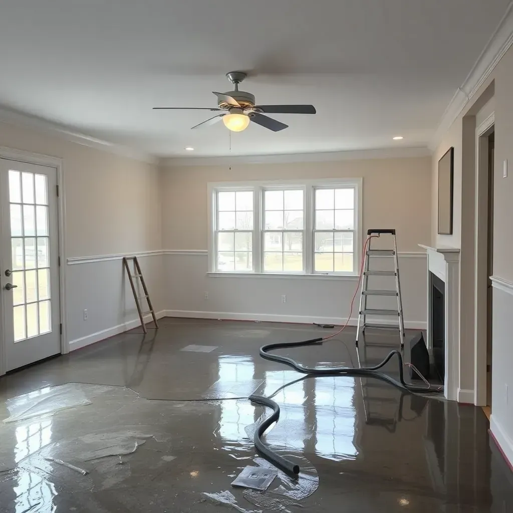 Water damage in Dunn, NC home: water-stained walls, damp carpet, drying fans, dehumidifiers, showing restoration efforts.