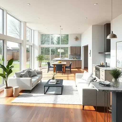 Renovated living room in Middlesex, NC with modern design, large windows, hardwood floors, stylish furniture, and a sleek kitchen.