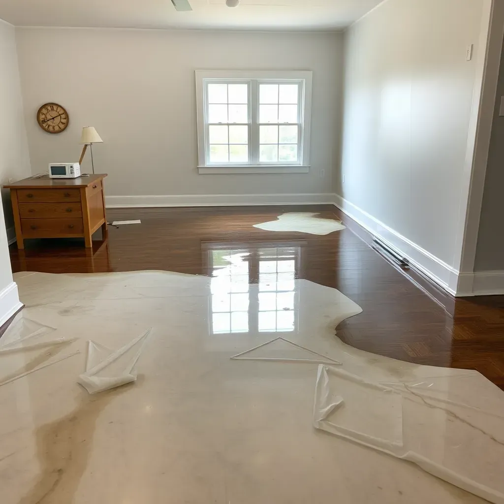 Interior of water-damaged basement in Coats, NC, showing flooded floors, soaked carpet, swollen drywall, and drying equipment.