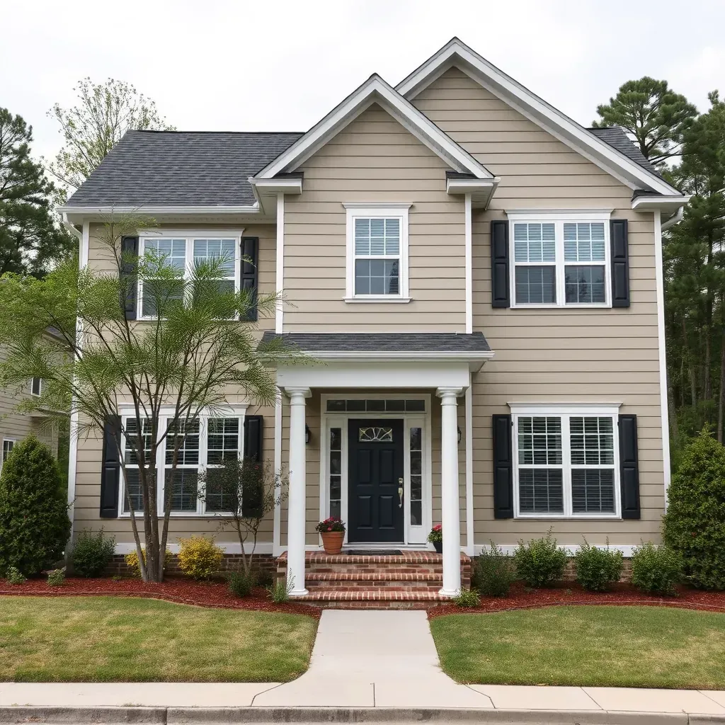 Renovated Wendell, NC home with new siding, windows, porch, tools, blueprints, and lush greenery in a detailed scene.