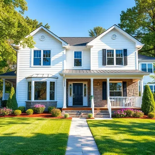 Renovated home in Selma, NC with white siding, stone accents, large energy-efficient windows, lush landscaping, and inviting porch.