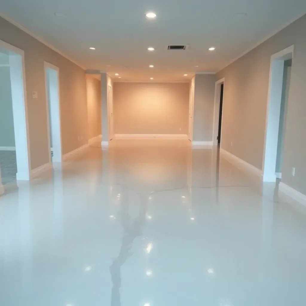 Water damage restoration in Mebane, NC: flooded living room with warped flooring, moisture stains, dehumidifier, and drywall repairs.