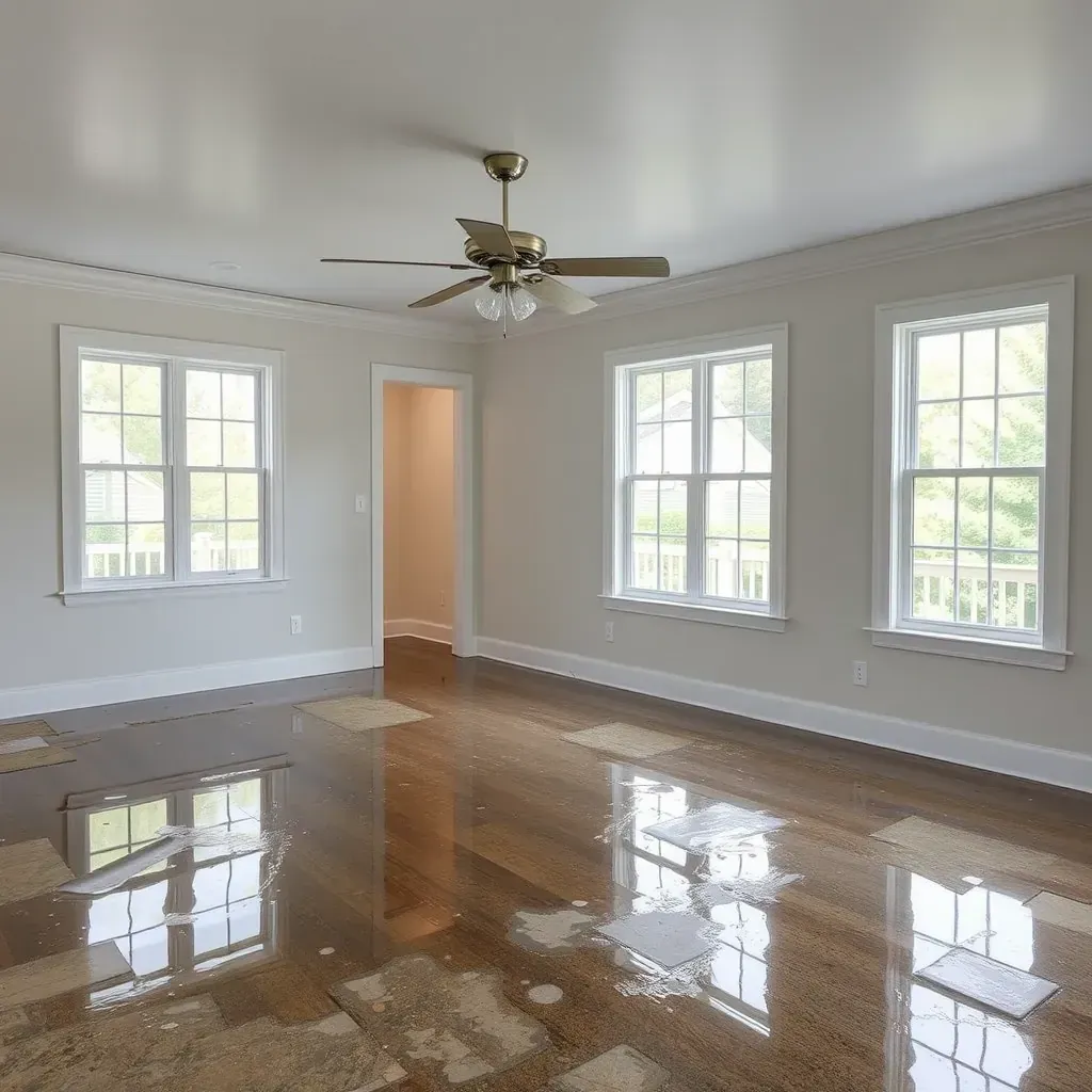 Water damage in Benson, NC home showing warped floors, peeling wallpaper, ceiling stains, dehumidifiers, and drying restoration tools.