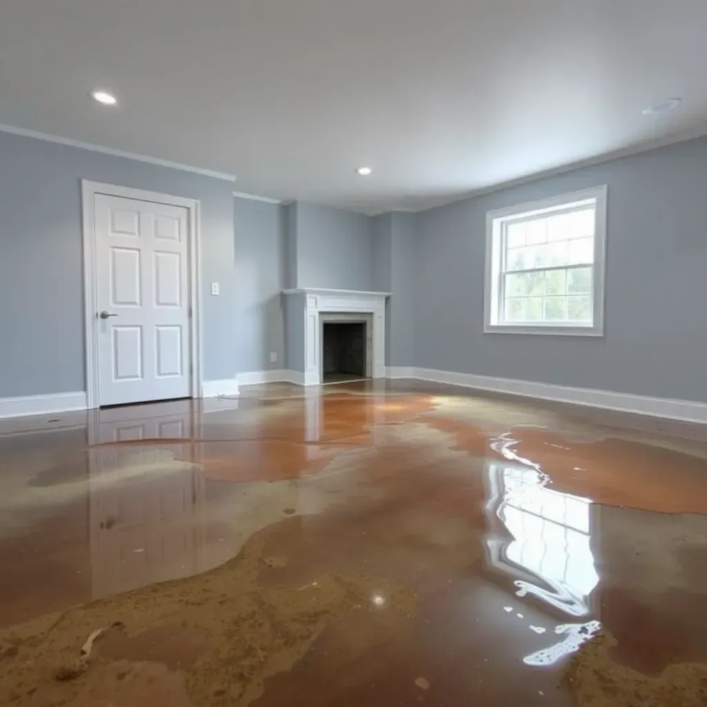 Water damage restoration scene in Archer Lodge, NC, showing flooded floors, stained walls, mold, and drying equipment.