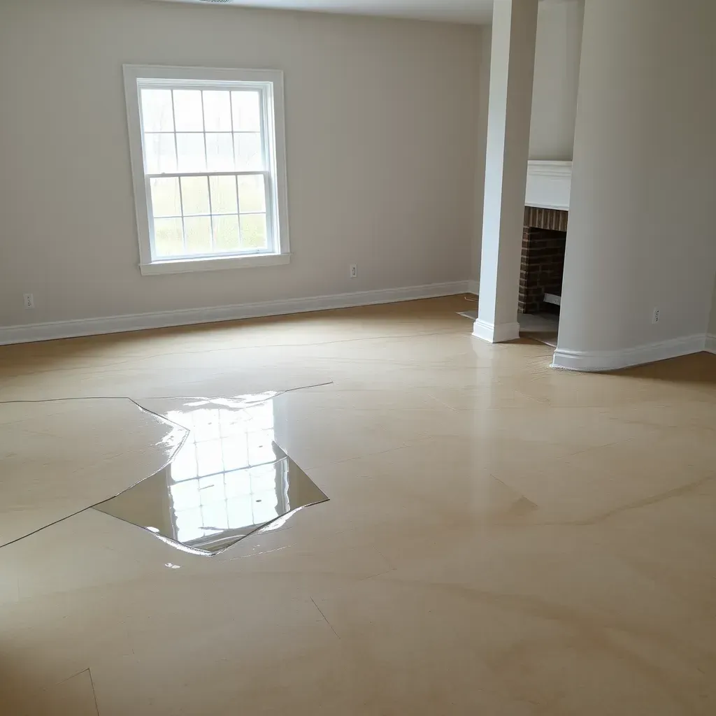 Water damage restoration scene in Angier, NC: damaged walls, warped flooring, and professional drying equipment in a residential living room.