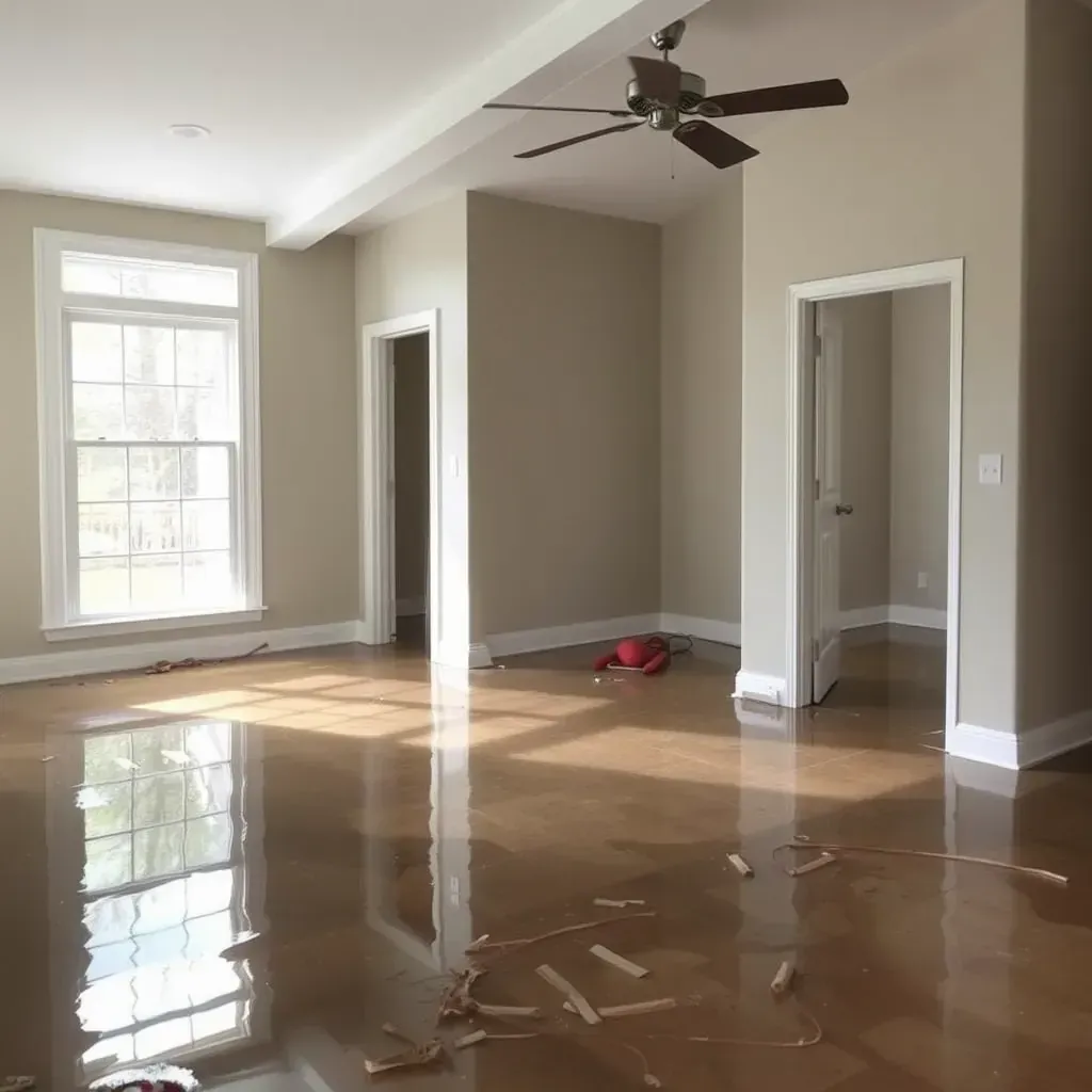 Water damage restoration in Mebane, NC showing wet drywall, buckled hardwood, mold spots, and professional drying equipment.