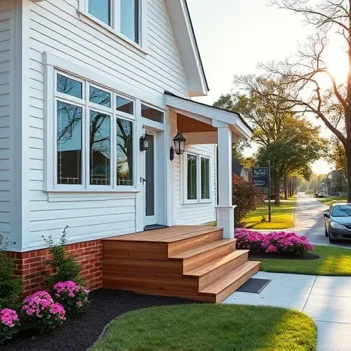 Newly renovated Dunn, NC home featuring white siding, large windows, a wooden porch, stylish front door, and lush landscaping.