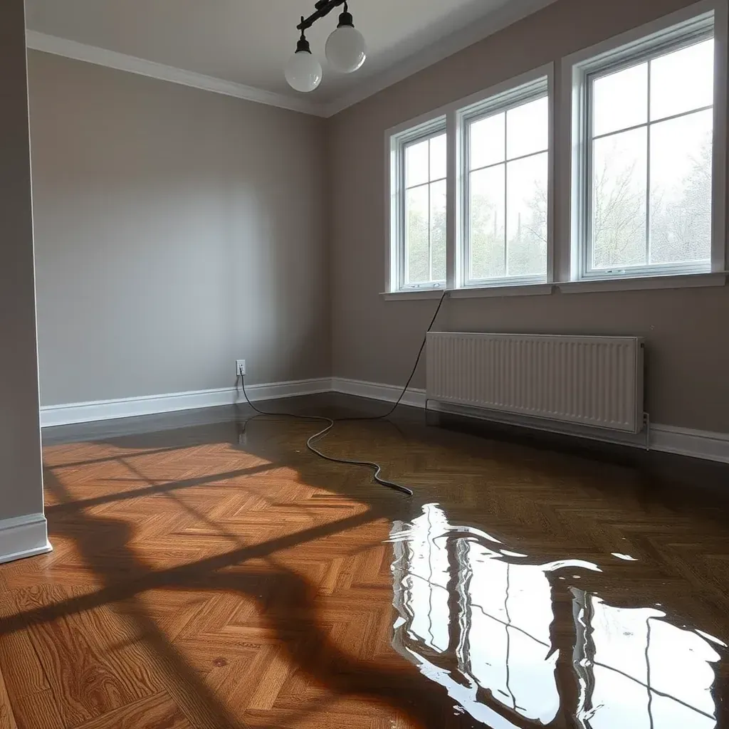 Water damage restoration scene in a home with wet floors, drying equipment, and visible water stains in Four Oaks, NC.