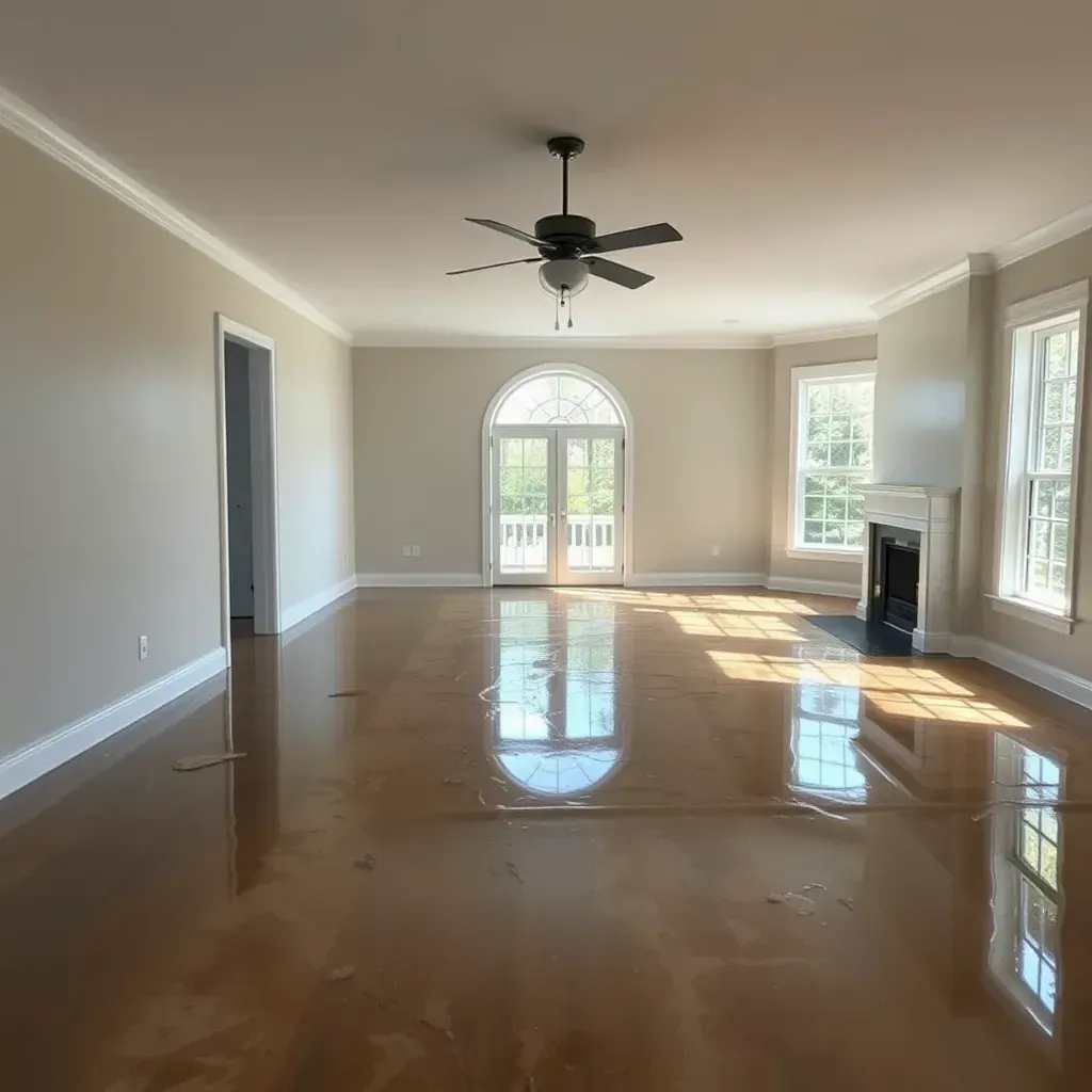 Water damage restoration in Zebulon, NC: soaked floors, drying equipment, and signs of water-affected interior repair.