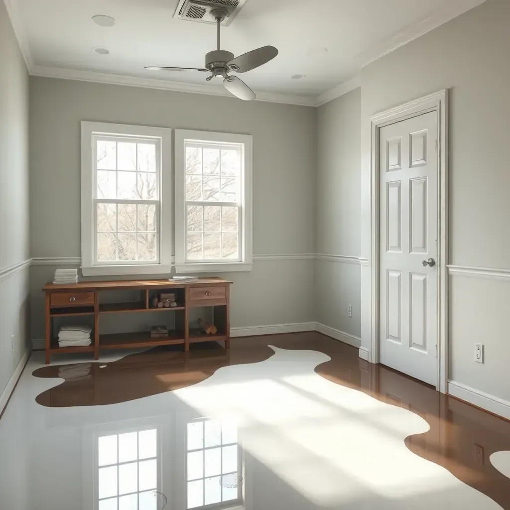 Restored Zebulon, NC home interior with dried hardwood, clean furniture, repaired walls, and drying equipment in place.