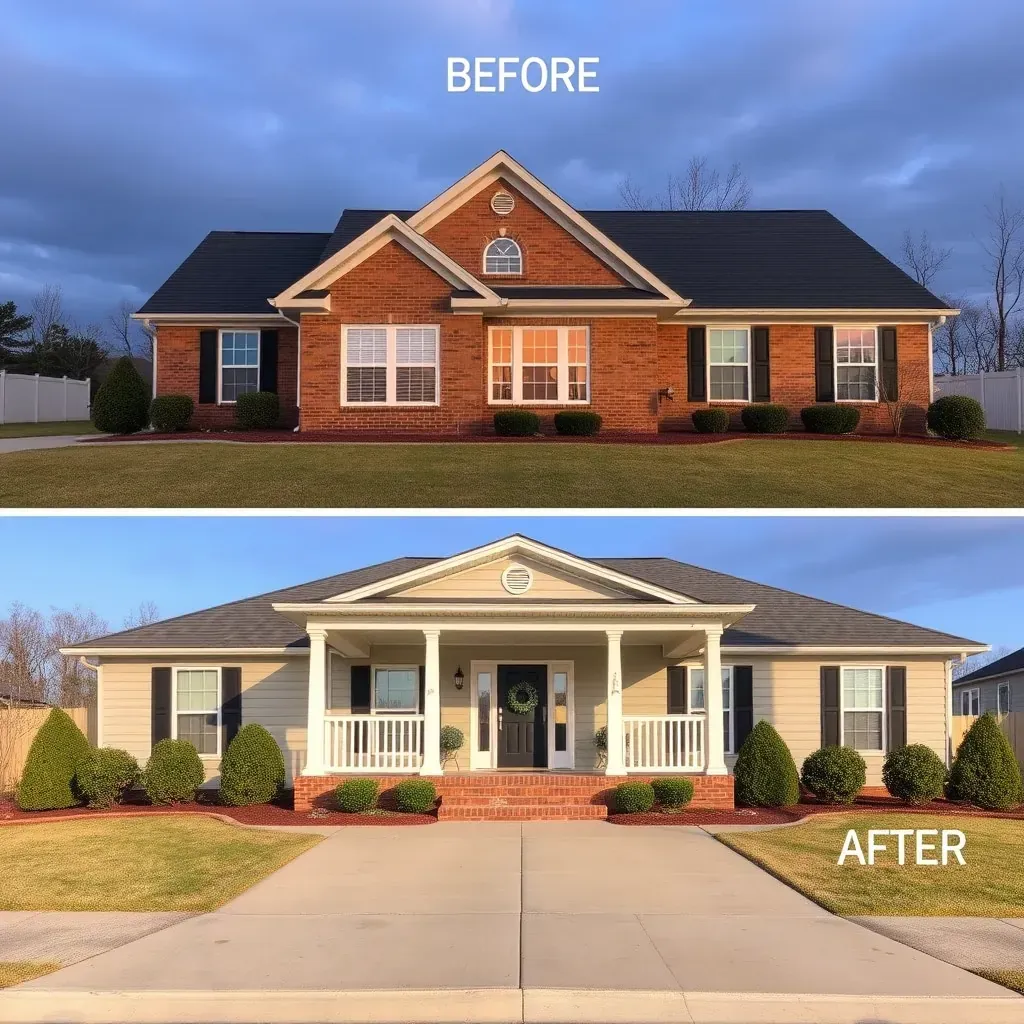 Renovated home in Mebane, NC with fresh siding, new windows, landscaped yard, and modern porch, showcasing quality remodeling.