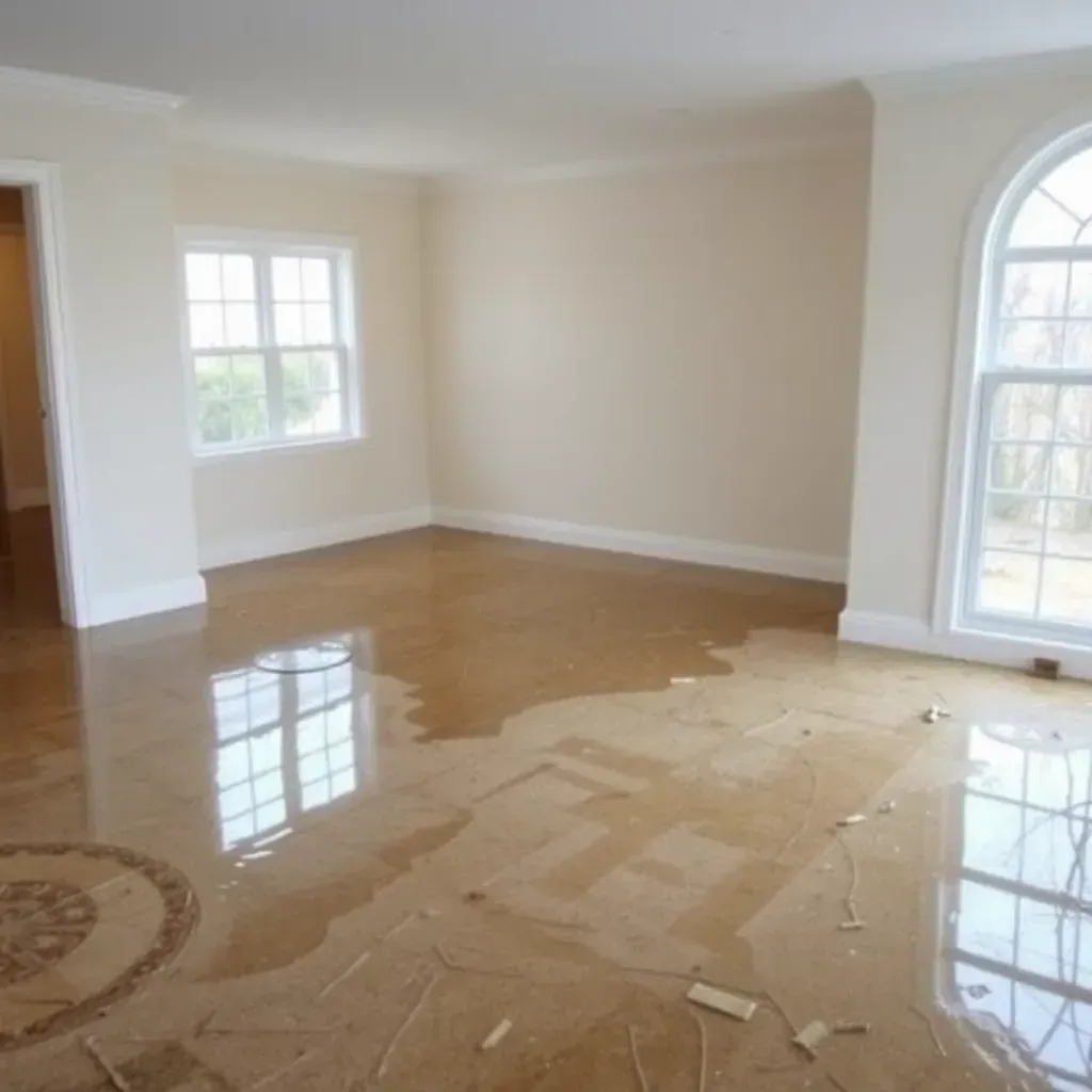 Flooded Selma, NC home with wet floors, peeling walls, and restoration equipment drying the space after water damage.