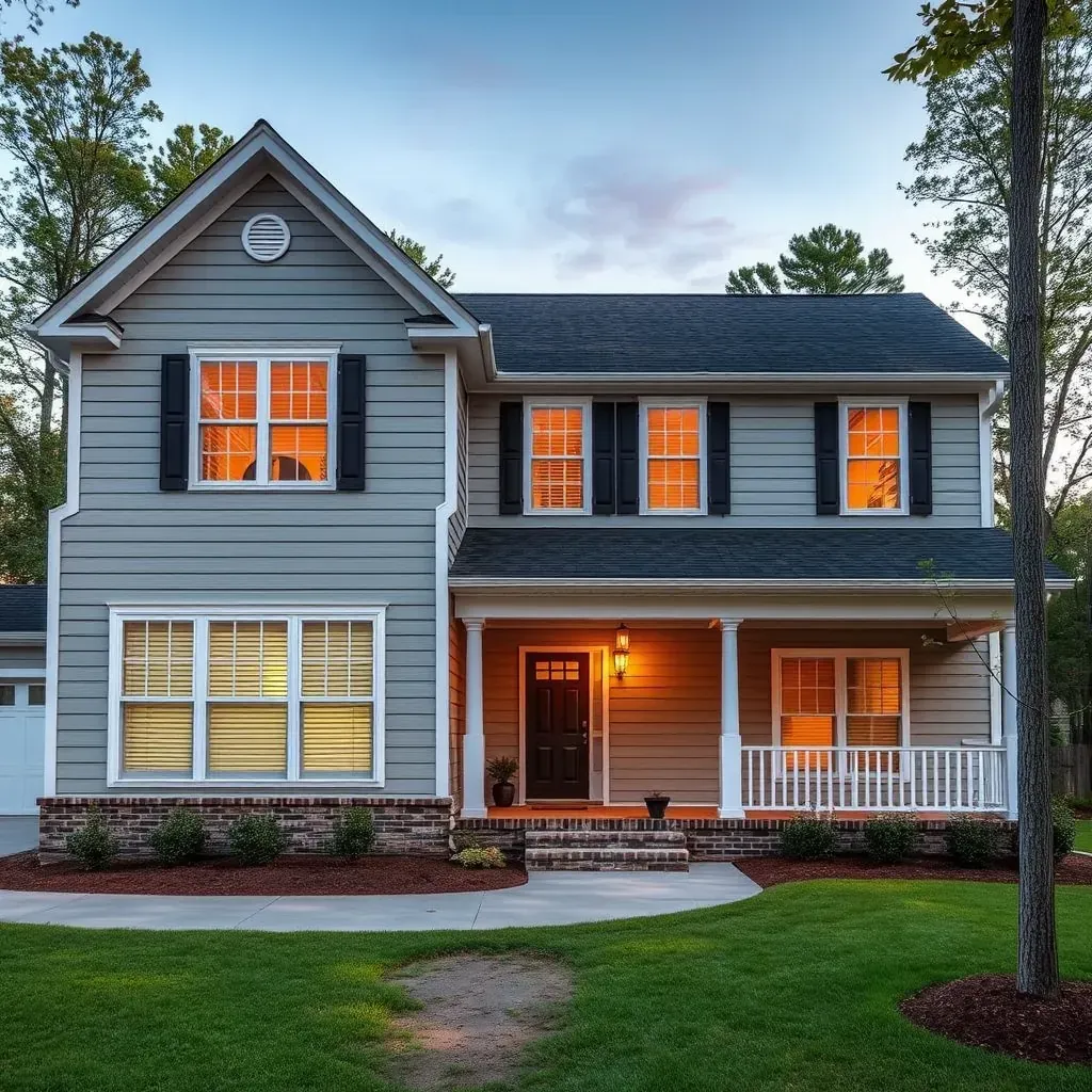 Beautiful renovated home in Apex, NC with new siding, stone accents, updated windows, lush landscaping, and modern porch.