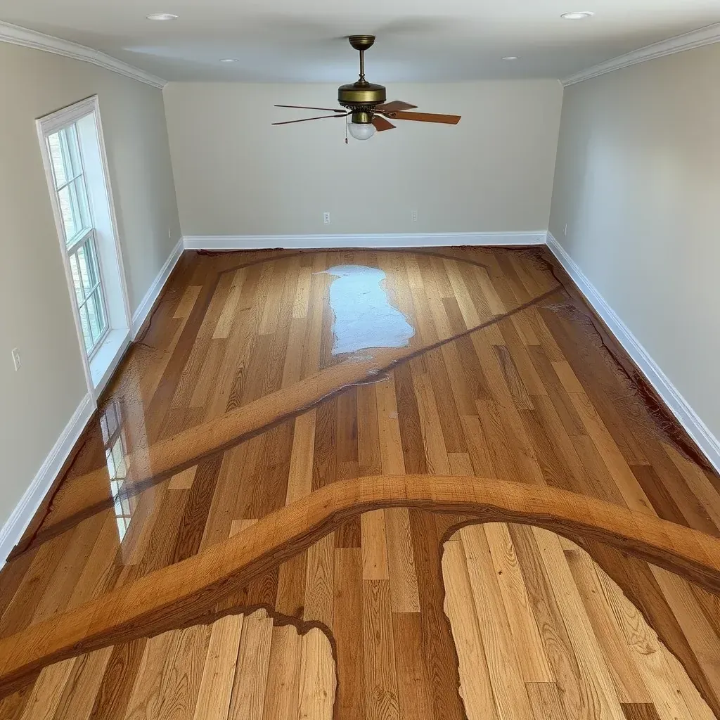 Interior of a restored Oxford, NC living room with new hardwood floors, partially dried walls, and restoration equipment.