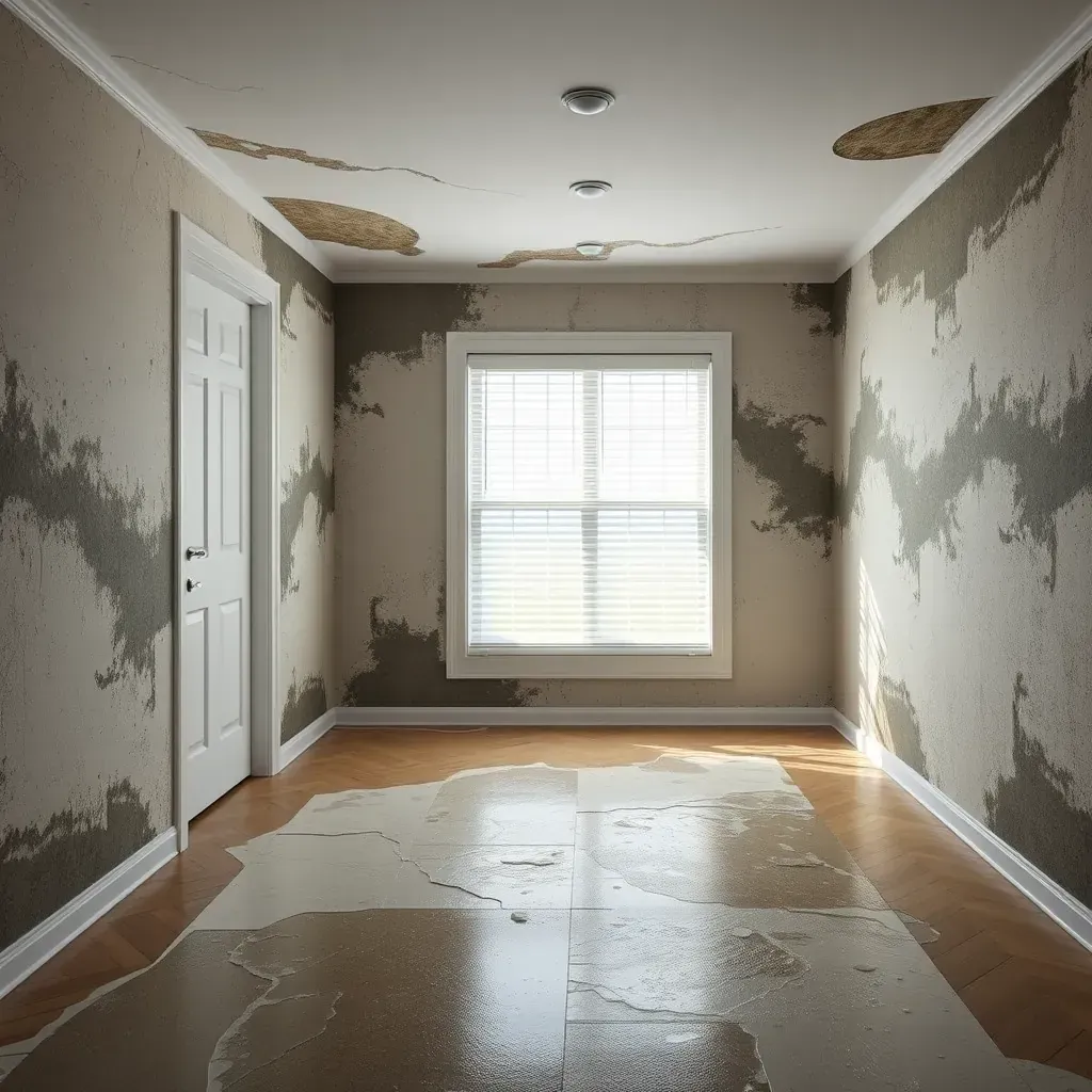 Indoor Raleigh mold remediation scene showing mold on walls, containment barriers, HEPA scrubbers, and cleaning tools.