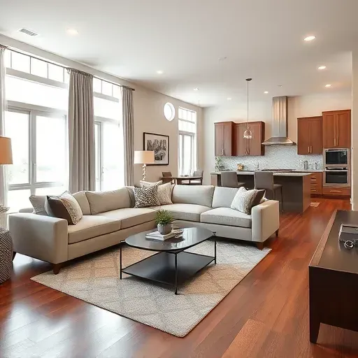Renovated Zebulon, NC living room with hardwood floors, plush sofa, modern decor, large windows, and an open kitchen.