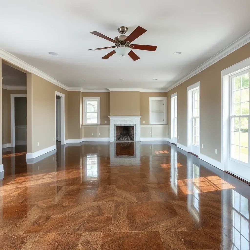 Water damage restoration scene in Smithfield, NC, showing wet floors, stained walls, drying equipment, and soaked furniture.