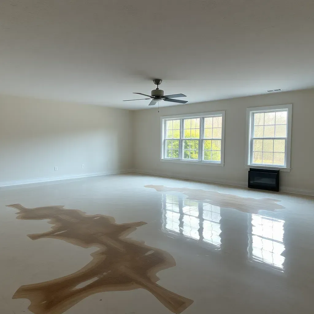 Water damage restoration scene in Garner, NC with wet carpets, water-stained drywall, and drying equipment.