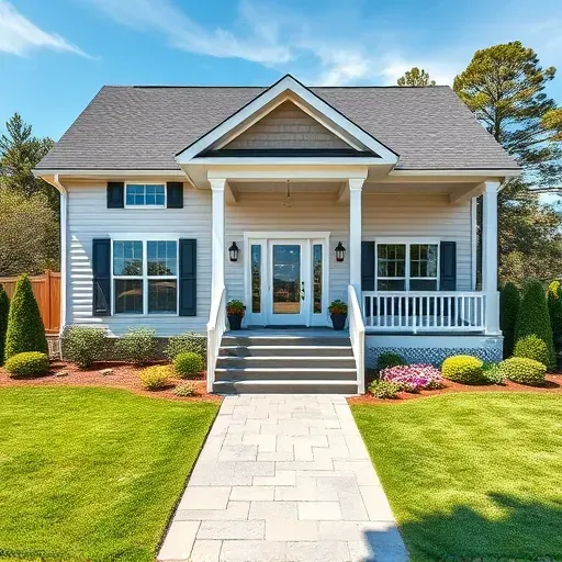 Renovated home exterior in Bunn, NC with vibrant paint, new siding, lush landscaping, stylish porch, and modern lighting.