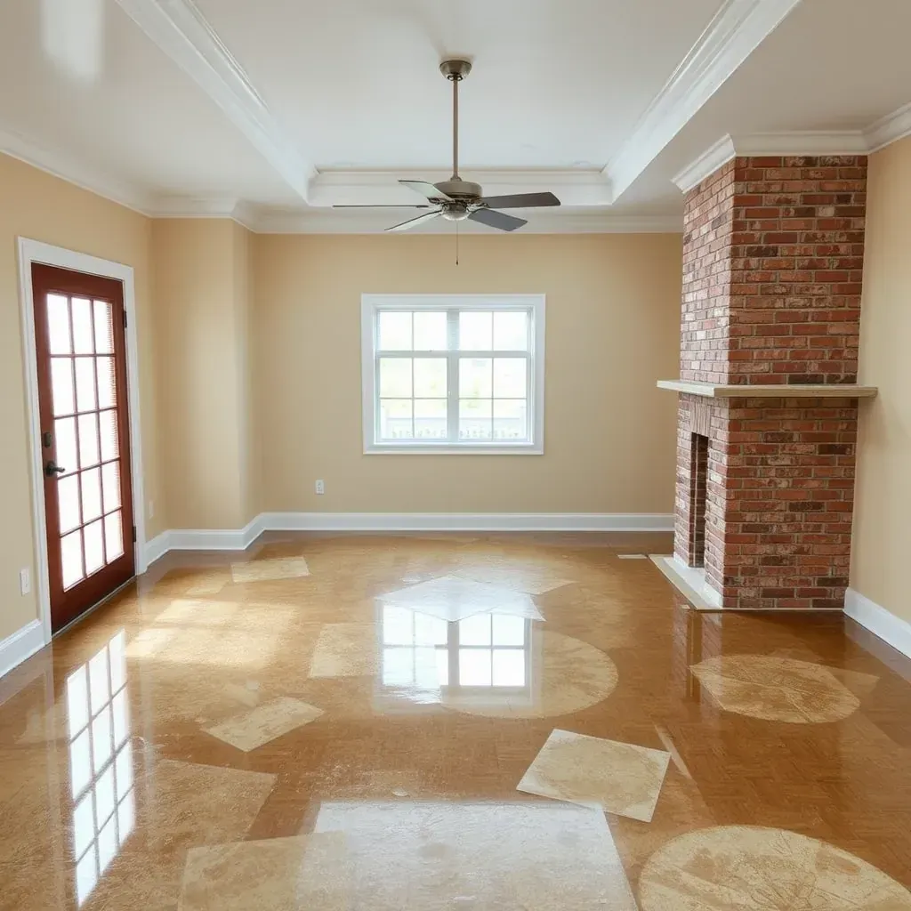 Water damage restoration in Raleigh, NC: damaged floors, warped baseboards, drying equipment, and cleanup tools in a residential living room.