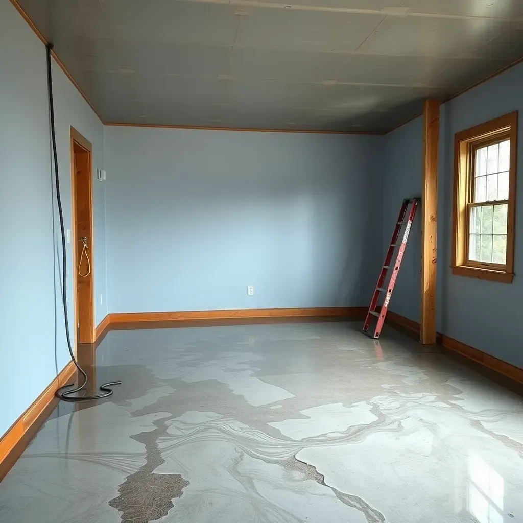 Restored interior in Bunn, NC showing cleaned hardwood floors, dry walls, and professional water damage restoration equipment.
