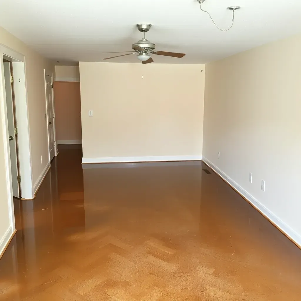 Interior of a Knightdale home with water-damaged warped floors, stained walls, and drying equipment in use.