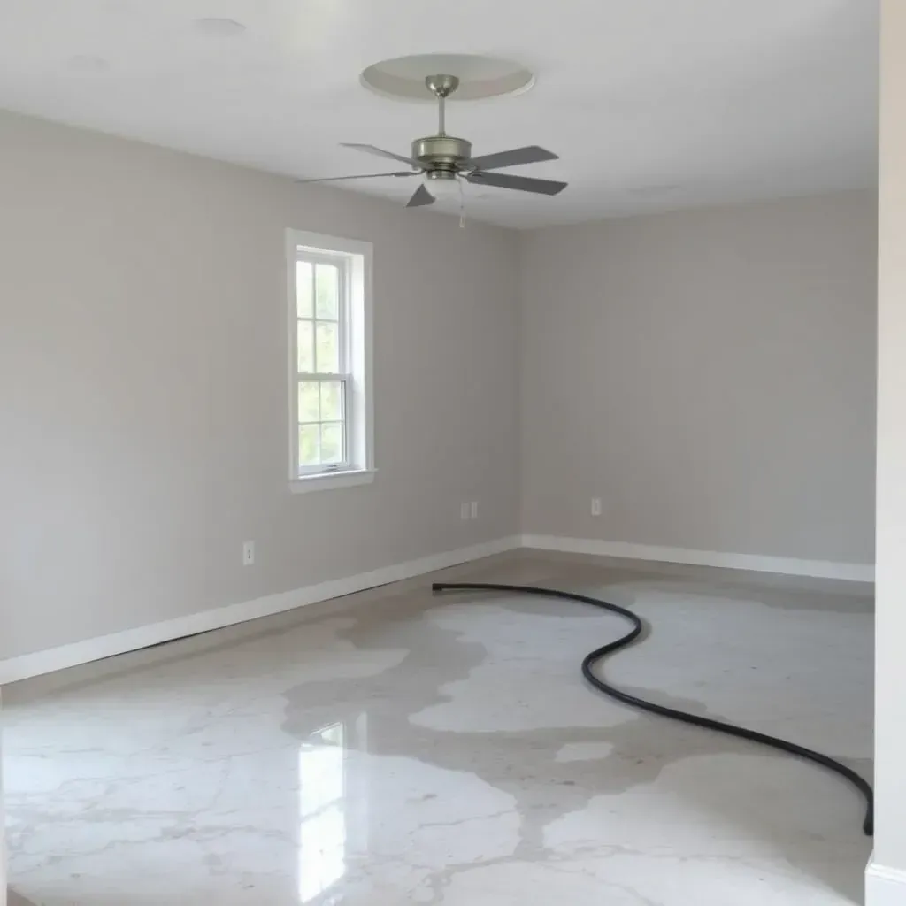 Water damage restoration scene in Chapel Hill: professionals drying wet floors, repairing drywall, with fans, tools, and moisture tools.