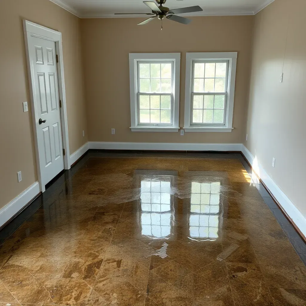 Water damage restoration scene in Smithfield, NC, featuring a technician drying a flooded room with equipment.