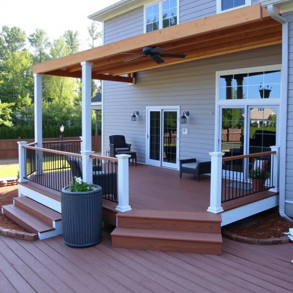 A detailed deck building project in Raleigh, NC showcasing a wooden deck with outdoor furniture and scenic surroundings.
