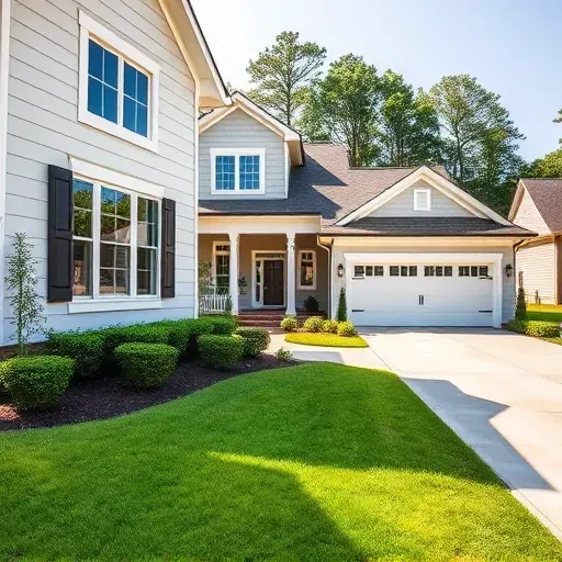 Beautiful renovated Fuquay-Varina home with neutral tones, manicured lawn, modern lighting, and mature trees.