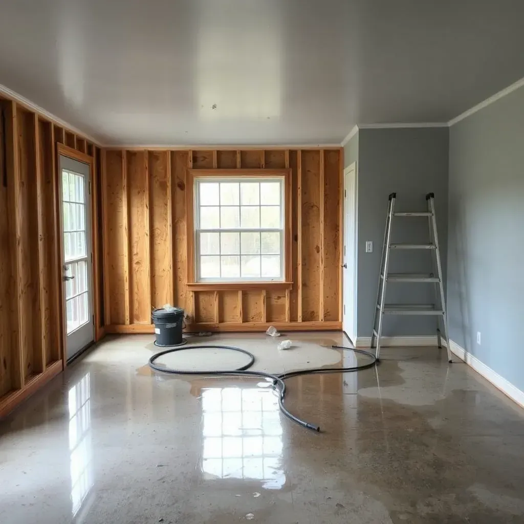Flooded basement with water extraction equipment in Angier, NC, showing water damage, cleaning tools, and drying machinery inside.