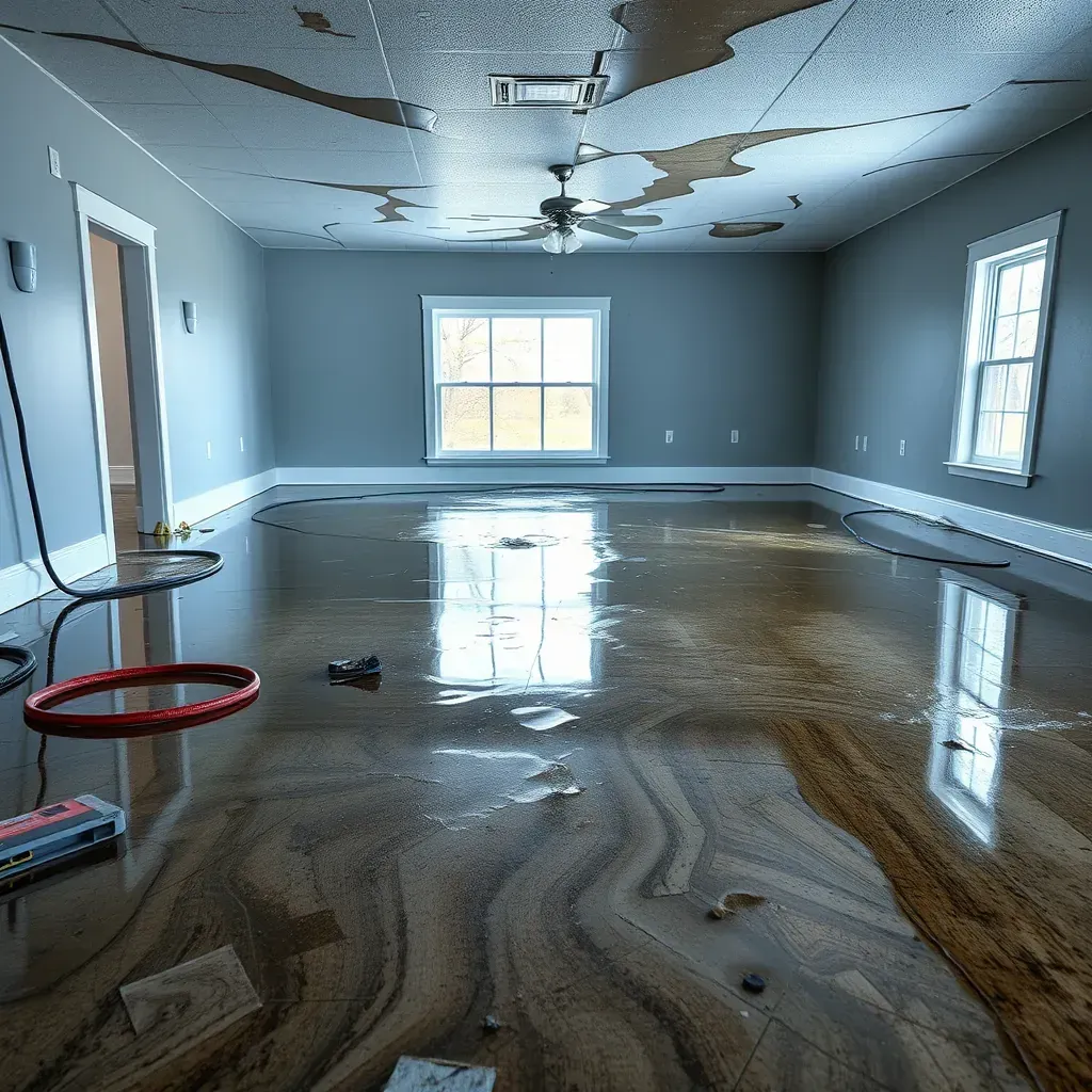 Water damage in a Rolesville home living room with stained drywall, damp carpet, and restoration equipment like dehumidifiers.
